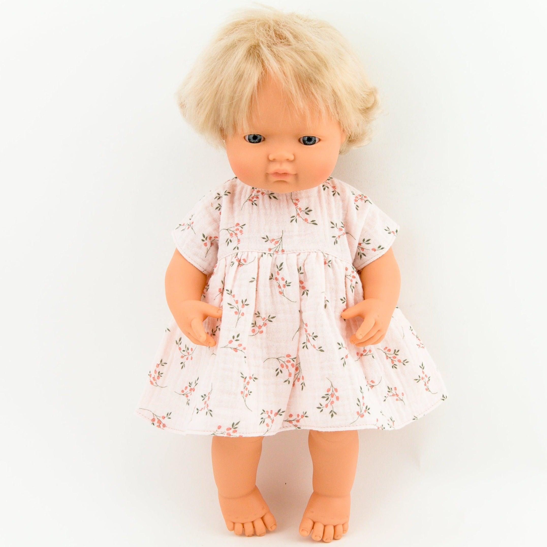 Przytullale: muślinowa sukienka w gałązki ubranko dla lalki Miniland - Noski Noski