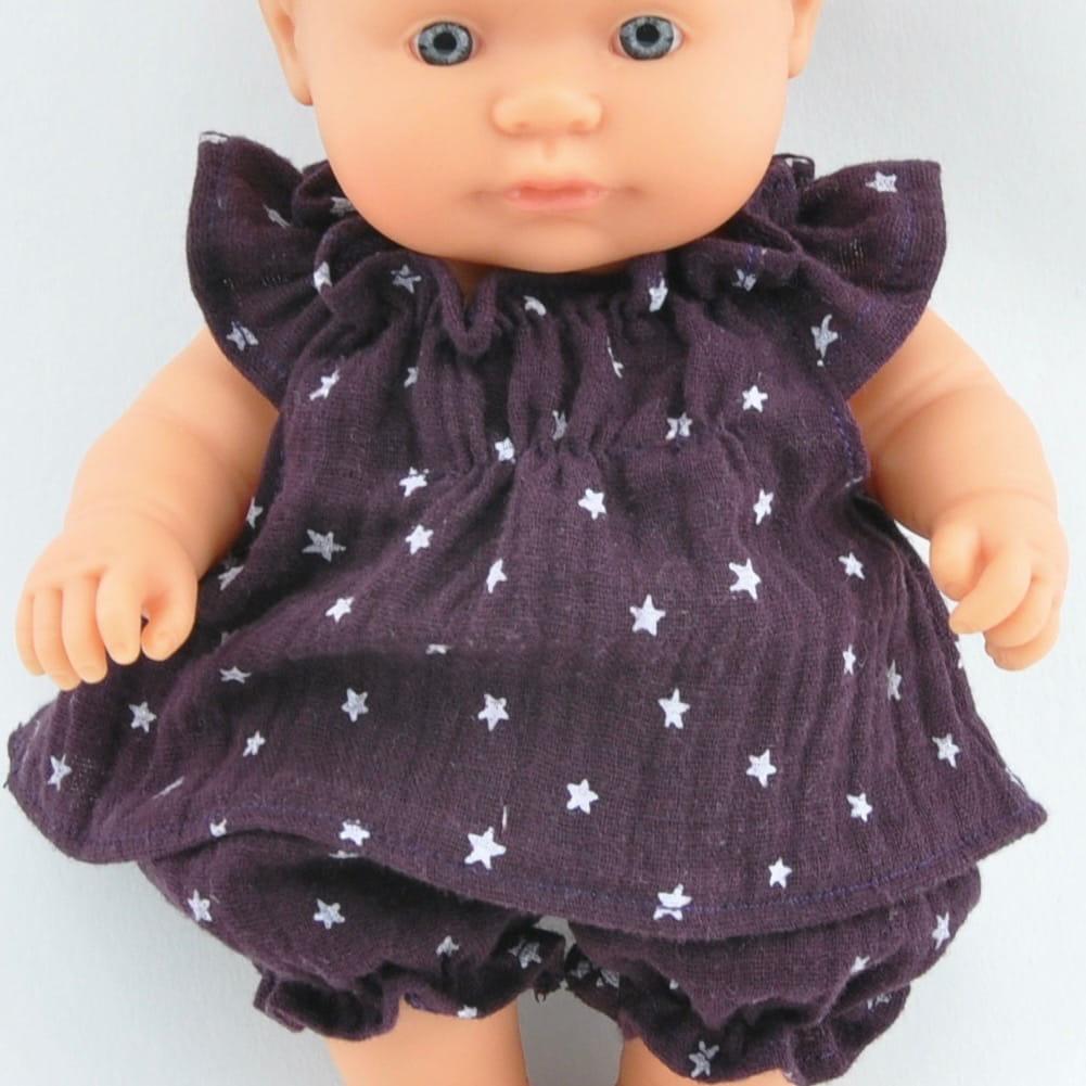 Przytullale: muślinowa tunika i bloomersy w gwiazdki ubranko dla mini lalki Miniland - Noski Noski