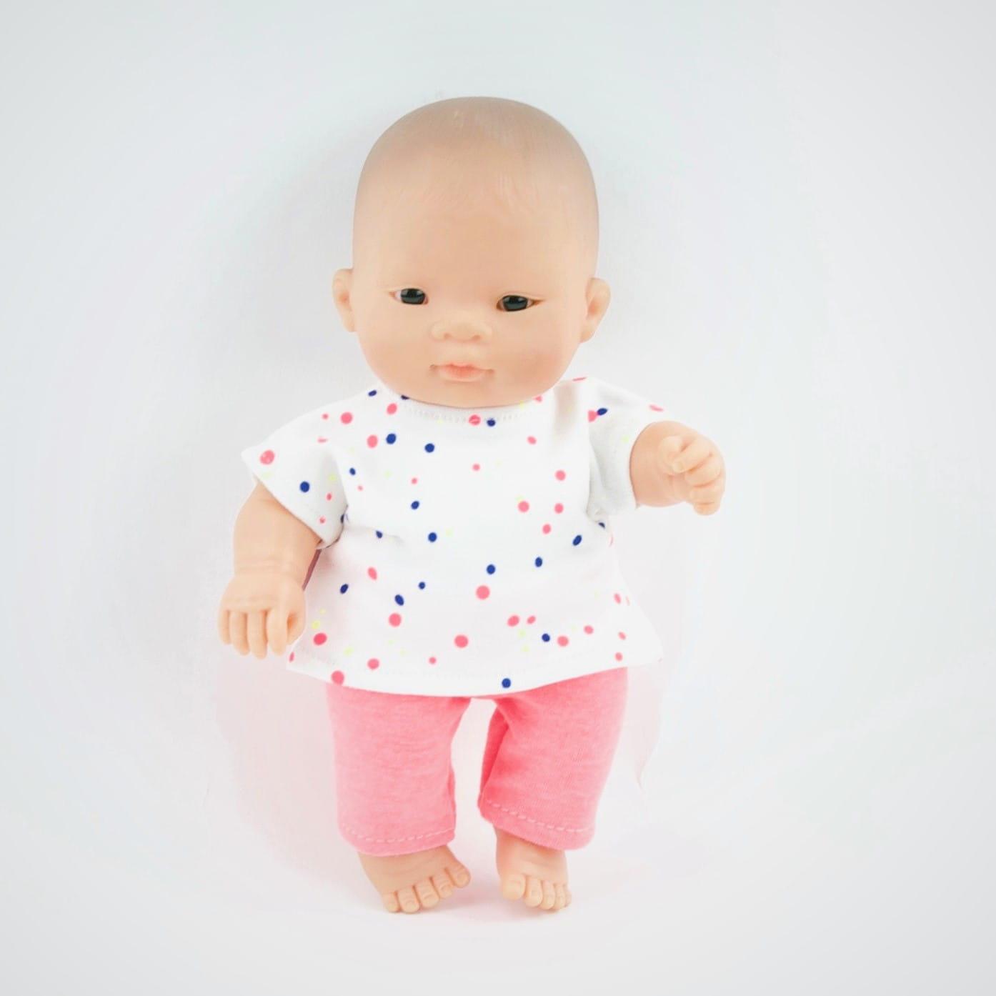 Przytullale: t-shirt w plamki i różowe legginsy ubranko dla mini lalki Miniland - Noski Noski