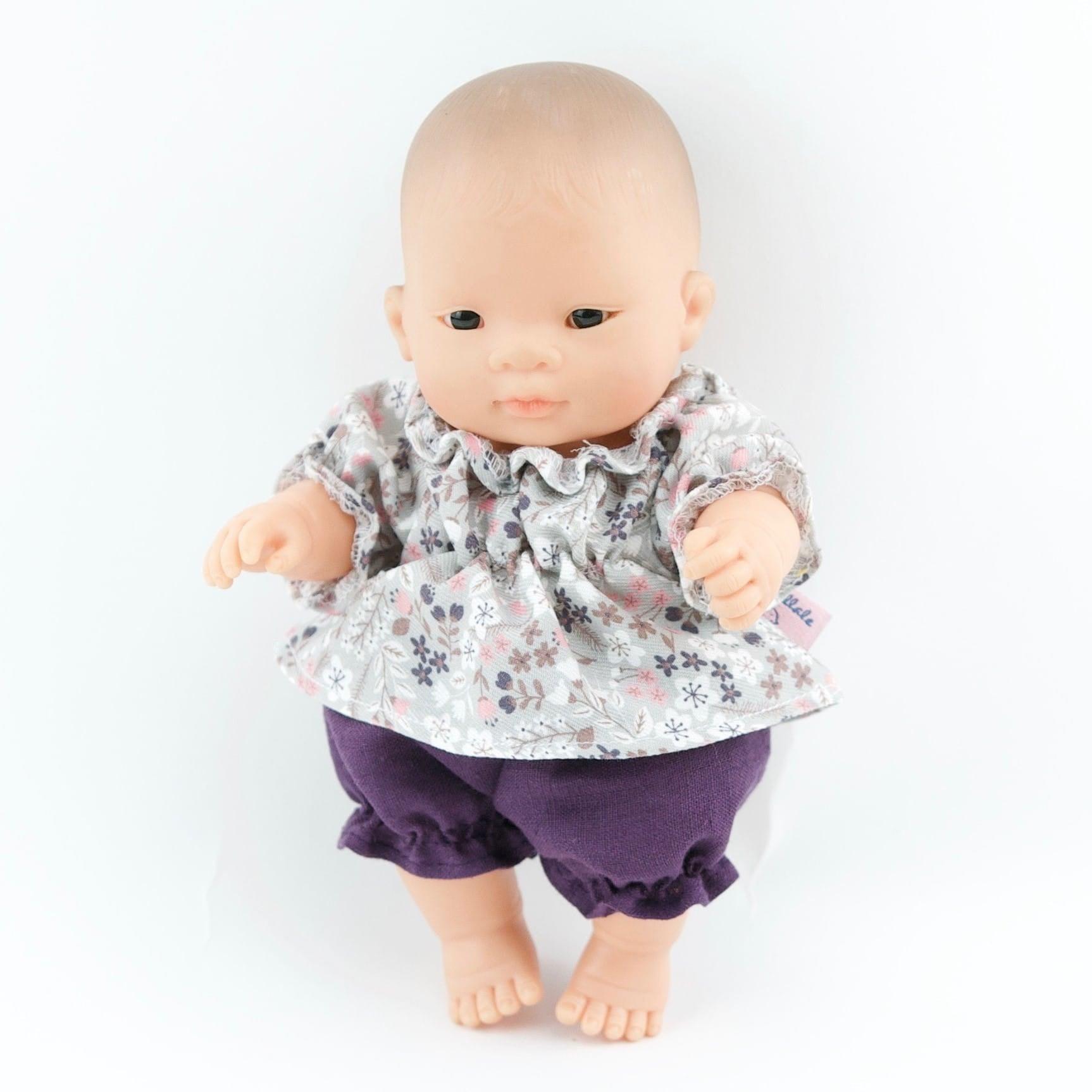 Przytullale: tunika i śliwkowe bloomersy ubranko dla mini lalki Miniland - Noski Noski