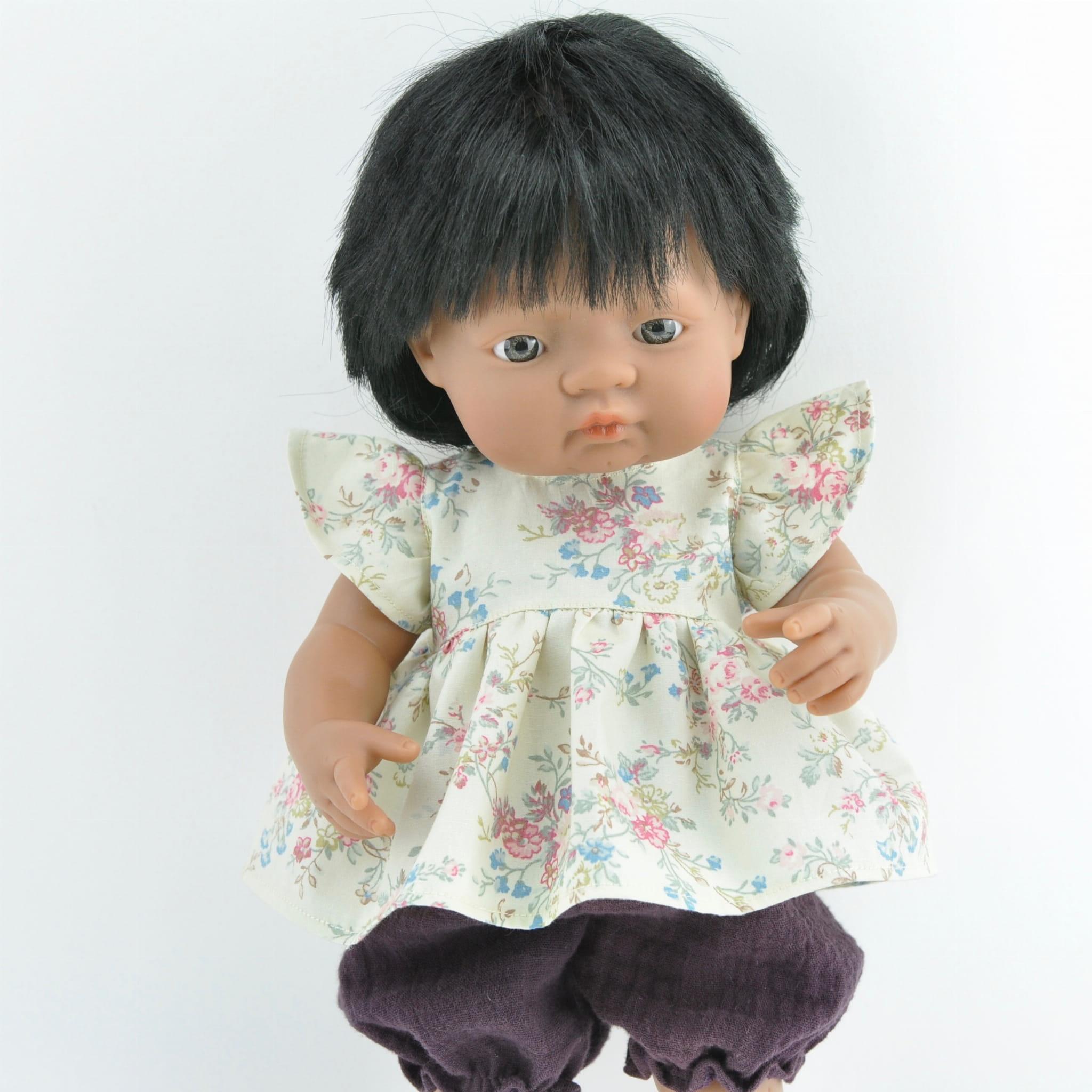 Przytullale: tunika vintage i śliwkowe bloomersy ubranko dla lalki Miniland - Noski Noski