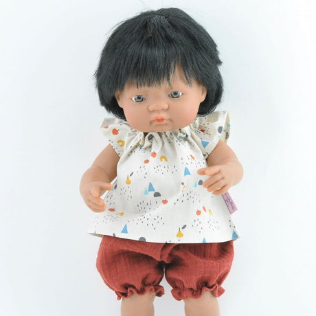 Przytullale: tunika w jabłuszka i muślinowe bloomersy ubranko dla lalki Miniland - Noski Noski