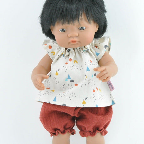 Przytullale: tunika w jabłuszka i muślinowe bloomersy ubranko dla lalki Miniland - Noski Noski