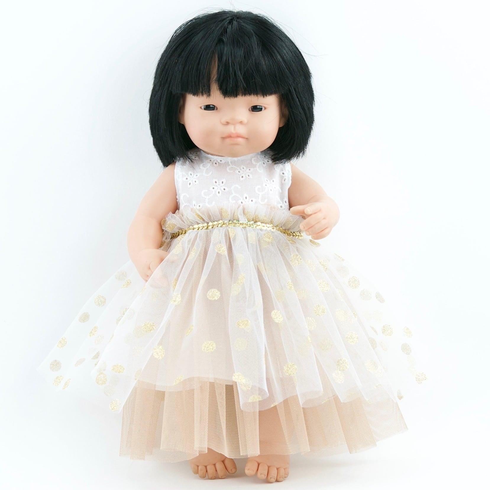 Przytullale: złota tiulowa sukienka ubranko dla lalki Miniland - Noski Noski