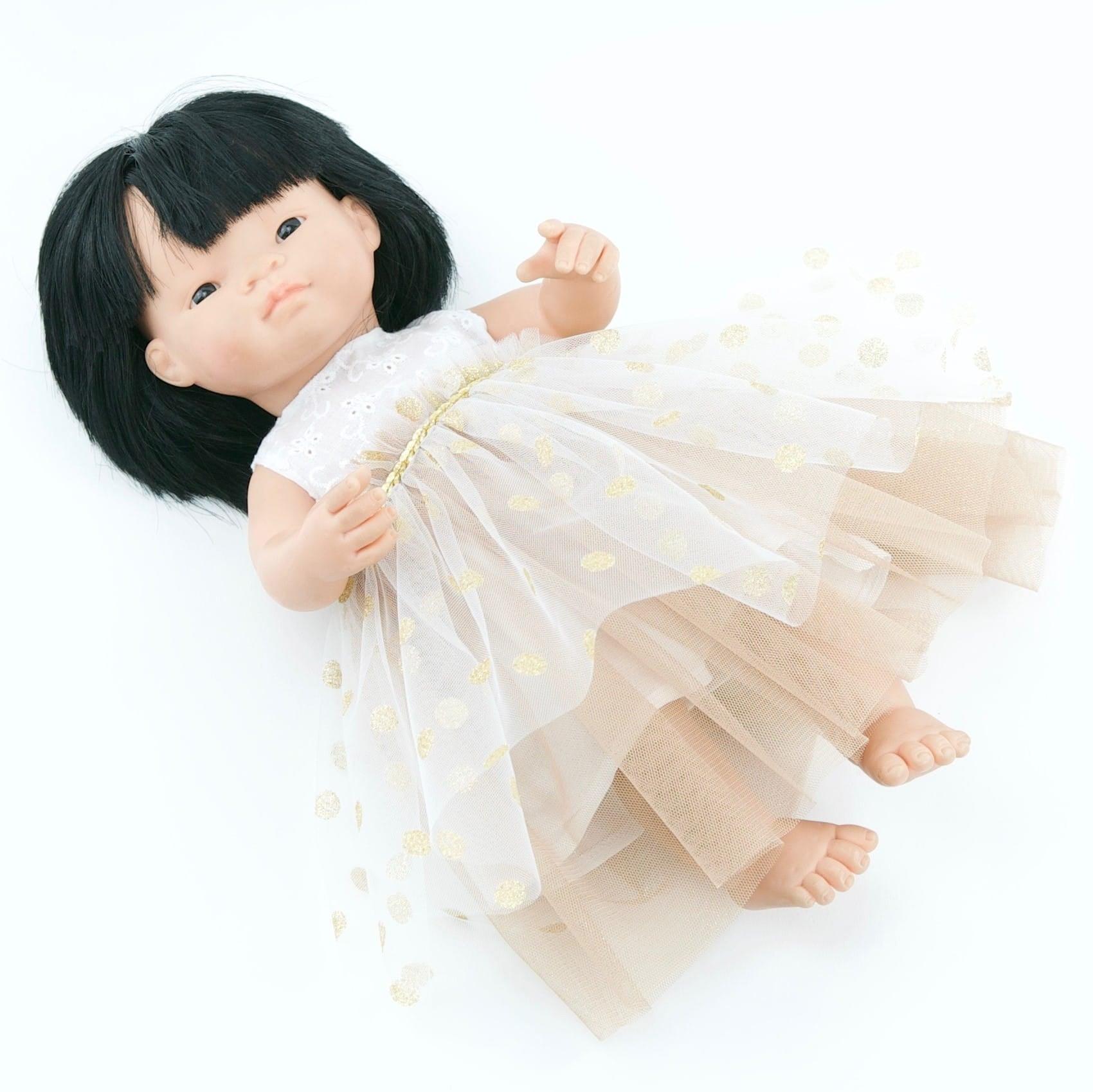 Przytullale: złota tiulowa sukienka ubranko dla lalki Miniland - Noski Noski