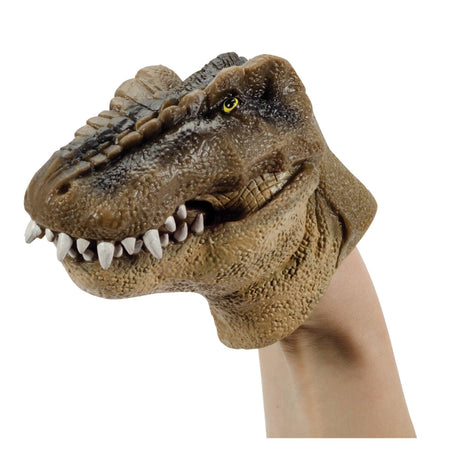 Pacynka dinozaur dla dzieci Schylling gumowa, realistyczna i dotykalna zabawka w prehistorycznym stylu.