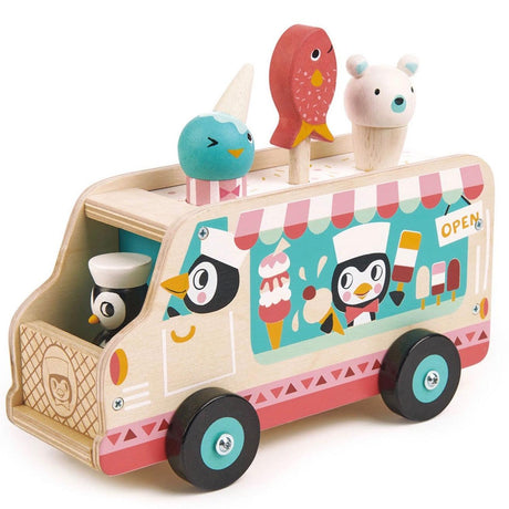 Drewniana lodziarnia Tender Leaf Toys Penguin's Gelato Van - bezpieczna i kreatywna zabawka dla dzieci.