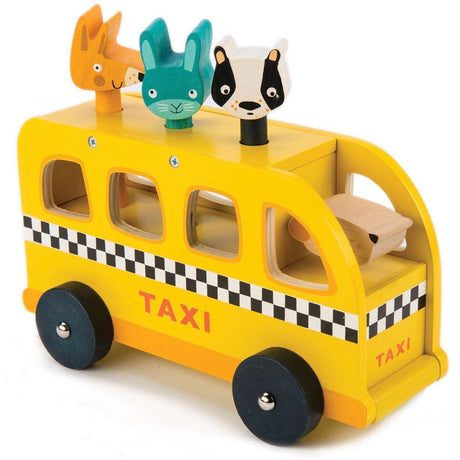 Drewniany samochodzik Tender Leaf Toys Animal Taxi taksówka z figurkami zwierzątek, wykonany z bezpiecznego drewna kauczukowego.