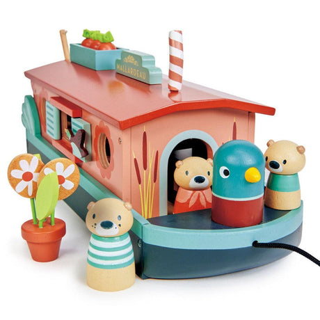 Barka drewniana zabawka Tender Leaf Toys z wydrową rodziną, zdejmowany dach, drewniane mebelki, kreatywna zabawa.