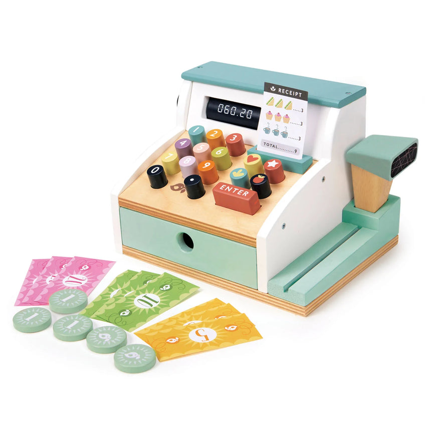 Tender Leaf Toys: drewniana kasa sklepowa ze skanerem General Stores Till - Noski Noski