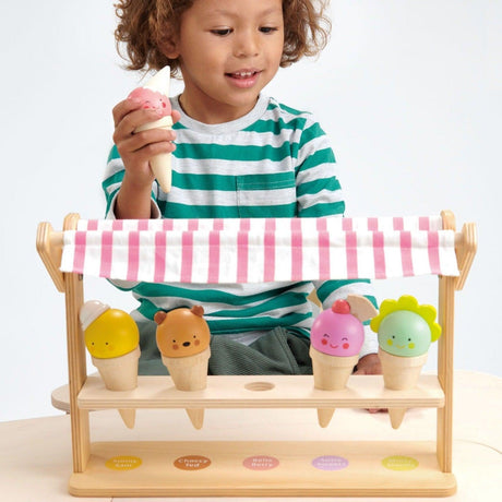 Tender Leaf Toys Drewniane Lody Ice Scoops & Smiles - zabawka dla dzieci z 5 kolorowymi lodami i stojakiem jak z lodziarni w Paryżu