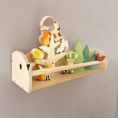 Drewniana półka na książki Tender Leaf Toys z ptasimi motywami do pokoju dziecięcego, idealna do przechowywania książek.