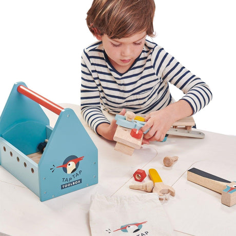 Skrzynka narzędziowa Tender Leaf Toys Tap Tap Tool Box - kreatywna zabawa dla dzieci, 19 drewnianych elementów.
