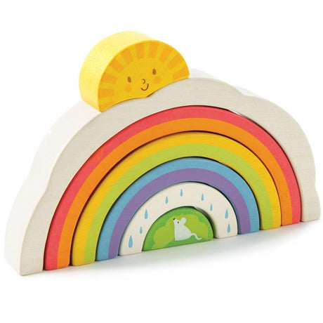 Tender Leaf Toys drewniany tunel tęcza, zabawka z kolorami tęczy, inspirująca kreatywność dziecka.