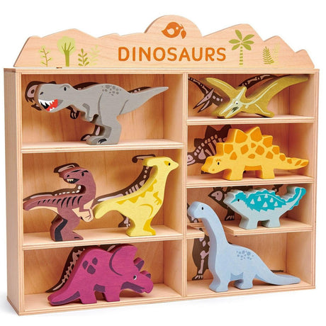 Drewniane zabawki dinozaury Tender Leaf Toys, precyzyjne figurki z trwałego drewna kauczukowego, idealne do kreatywnej zabawy.