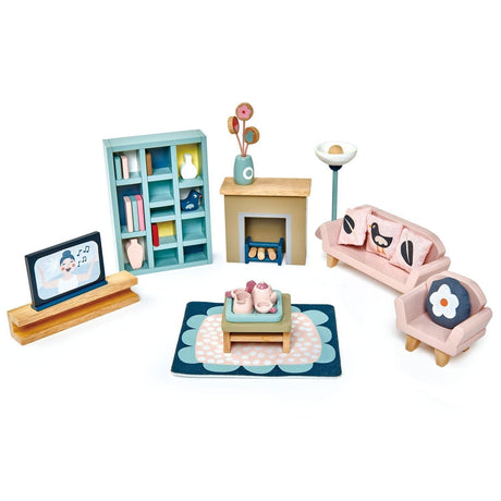 Mebelki do domku dla lalek Tender Leaf Toys Salon - nowoczesne wzornictwo, przytulne mebelki z poduszkami, idealne do zabawy