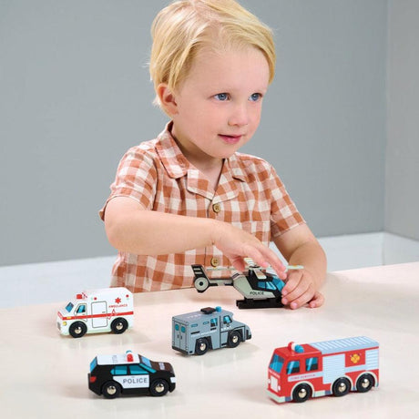 Drewniane zestaw Tender Leaf Toys pojazdy ratunkowe zabawki, zawiera 5 samochodów, bezpieczny i trwały dla dzieci od 3 lat.