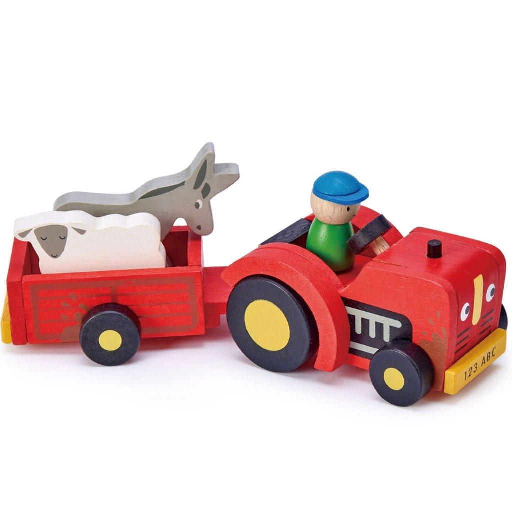 Tender Leaf Toys: drewniany traktor z przyczepą ze zwierzątkami - Noski Noski