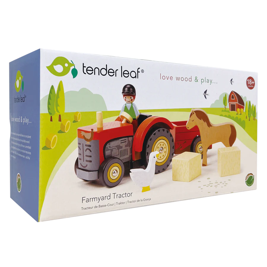 Tender Leaf Toys: drewniany traktor z przyczepą ze zwierzętami Farmyard Tractor - Noski Noski