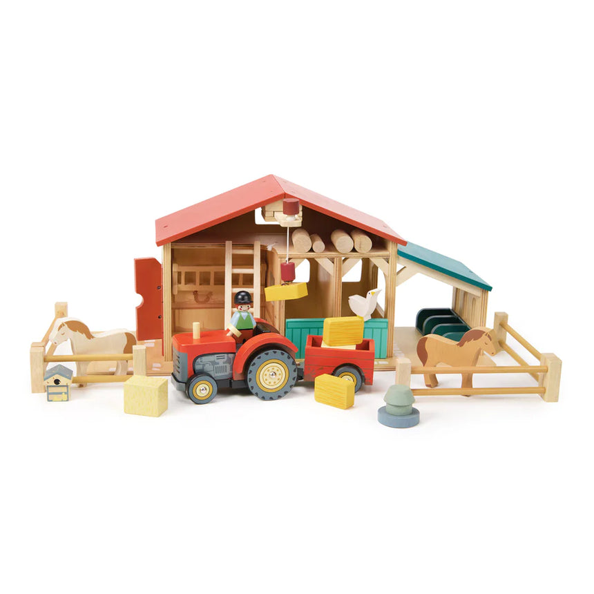 Tender Leaf Toys: drewniany traktor z przyczepą ze zwierzętami Farmyard Tractor - Noski Noski