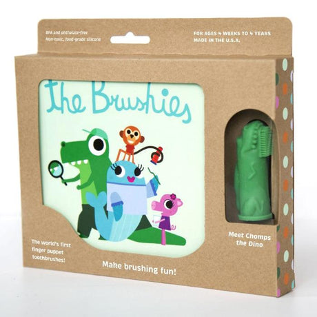 Książeczka sensoryczna The Brushies dla niemowląt, silikonowa na palec, uczy dbania o ząbki i zapewnia zabawę.