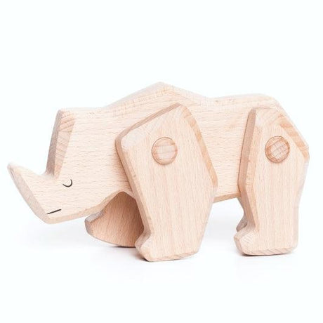 Drewniany, ręcznie wykonany Nosorożec Tobe z ruchomymi kończynami, idealny dla dzieci do kreatywnej zabawy i dekoracji pokoju.