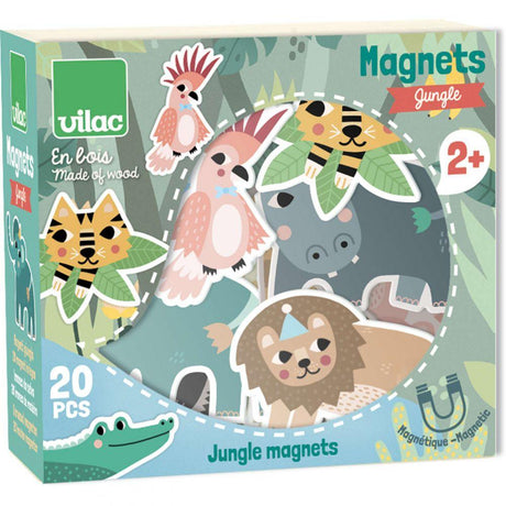 Zestaw 20 drewnianych magnesów z dzikimi zwierzętami na lodówkę od Vilac Dżungla, idealne do tablicy magnetycznej dla dzieci.