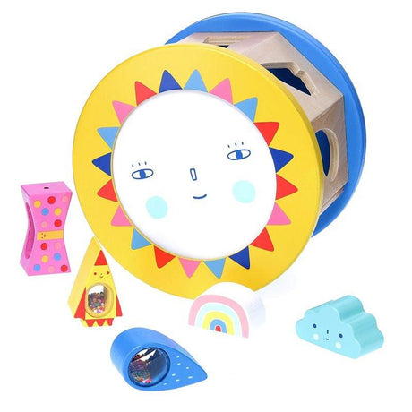 Zabawka sensoryczna Vilac sorter kształtów dzień noc Suzy Ultman, edukacyjny sorter dla dzieci, kreatywna zabawa.